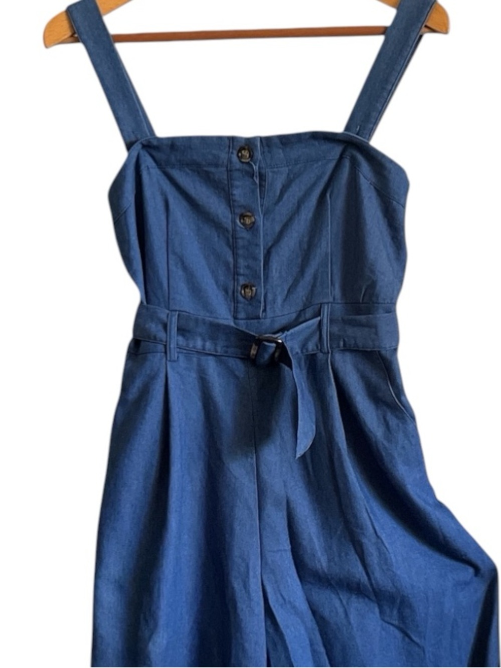 Japanese Wide Leg Jumpsuit Blue Chambray Cottagecore Pockets - Picture 3 of 7